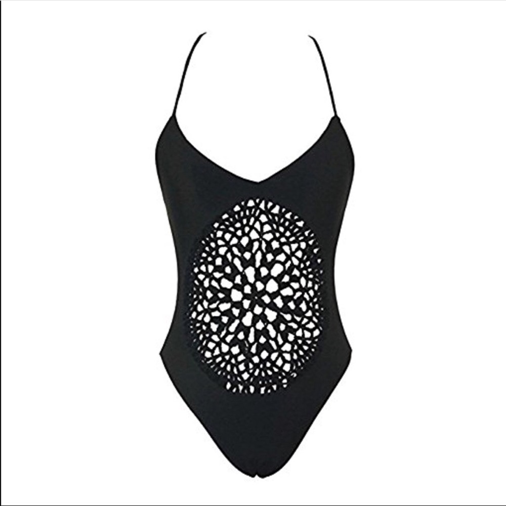 ONE PIECE BLACK HALTER BATHING SUIT 👙 NEW KNIT - Picture 3 of 5